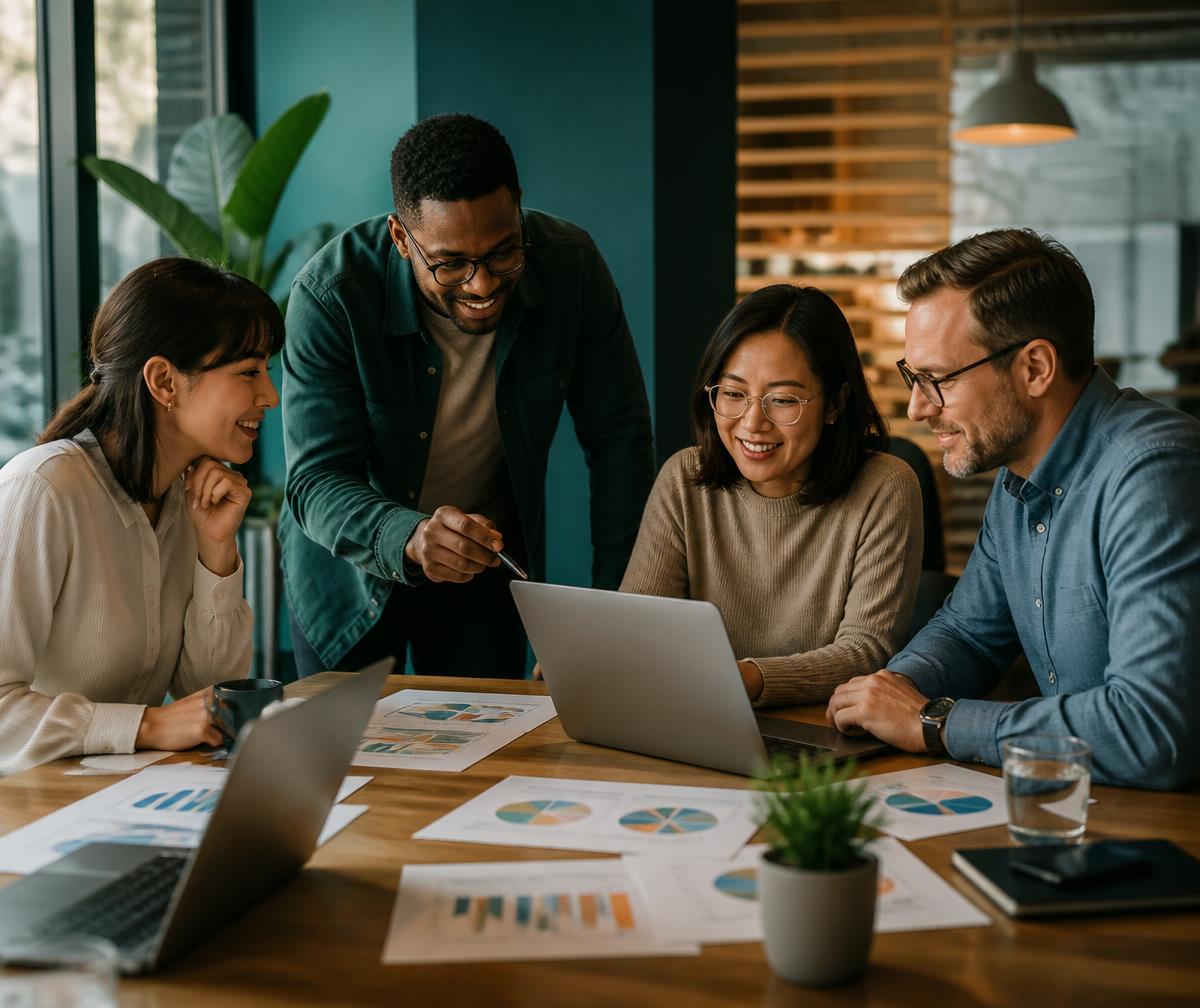 Consultores de Saiconic Solutions revisando métricas con un cliente